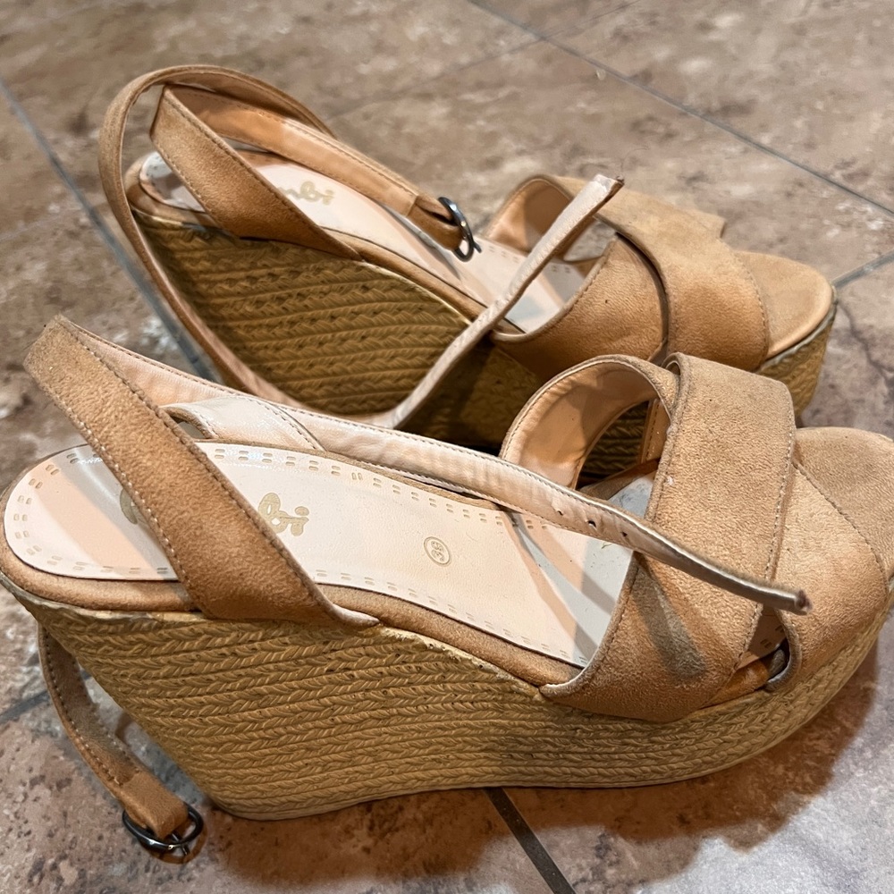 Tan suede ankle strap wedges